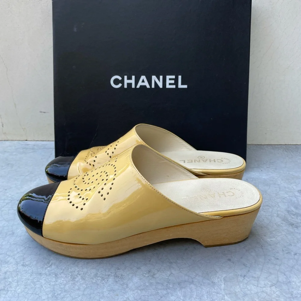 CHANEL Yellow Patent Leather Mules with Black Cap Toe